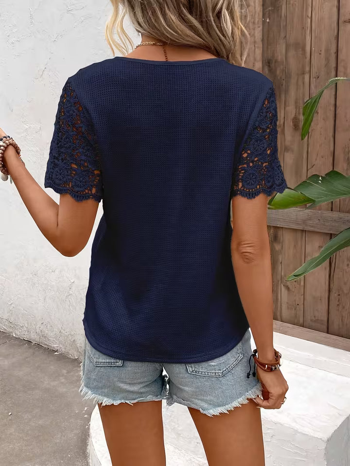 Sinna - Short Sleeve And V-neck Lace Panel Top
