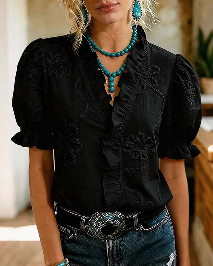 Lillynn - V-neck Blouse With Ruffled Trim And Puff Sleeves