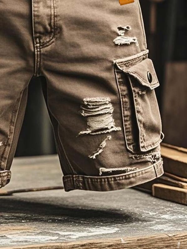 Men's Vintage Outdoor Functional Ripped Denim Shorts