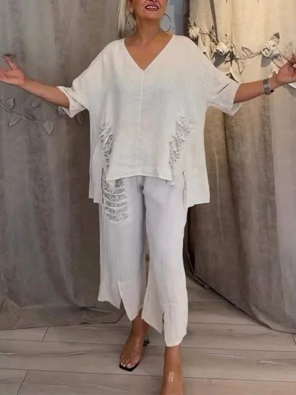 Himashi - Stylish Two Piece Cotton And Linen Suit With V-Neck