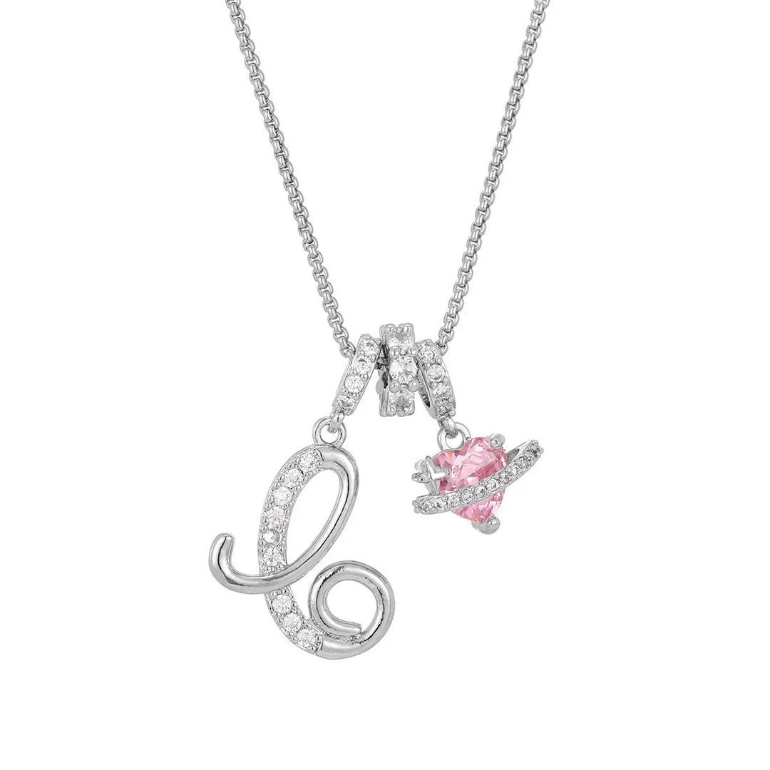 Nerute - Initial Letter Necklace With Pink Heart Charm