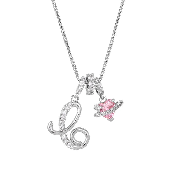 Nerute - Initial Letter Necklace With Pink Heart Charm
