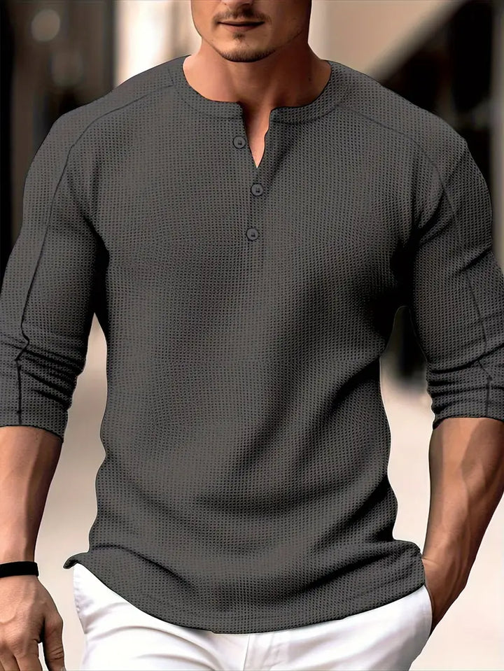 Biden - Waffle Knit Henley Long Sleeve Shirt