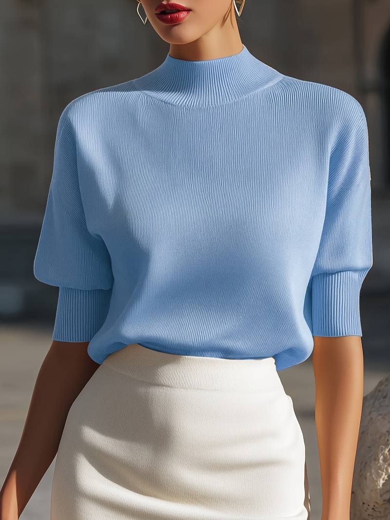 Jenni - Mock Neck Ribbed Short Sleeve Knit Top