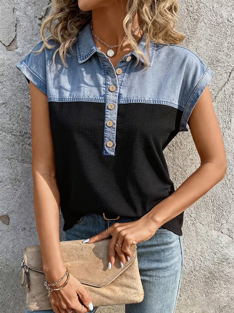 Haily - Casual Denim Patchwork Collar Top With Short Sleeve
