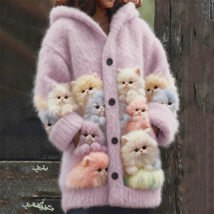 Kelsie - Fluffy Hooded Cardigan with Cats
