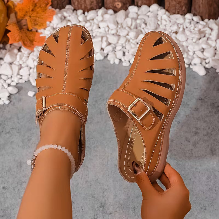 Alvena - Closed Toe Cutout Buckle Flat Sandals