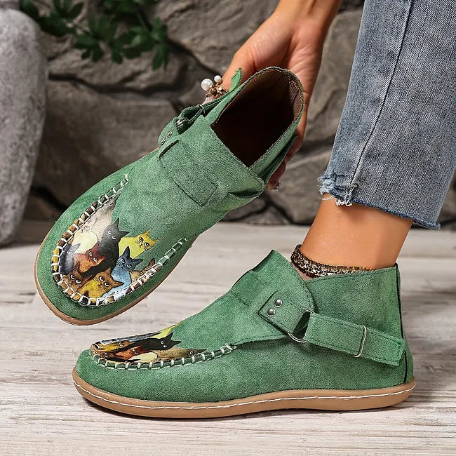 Corelle - Cat Print Flat Ankle Boots with Buckle