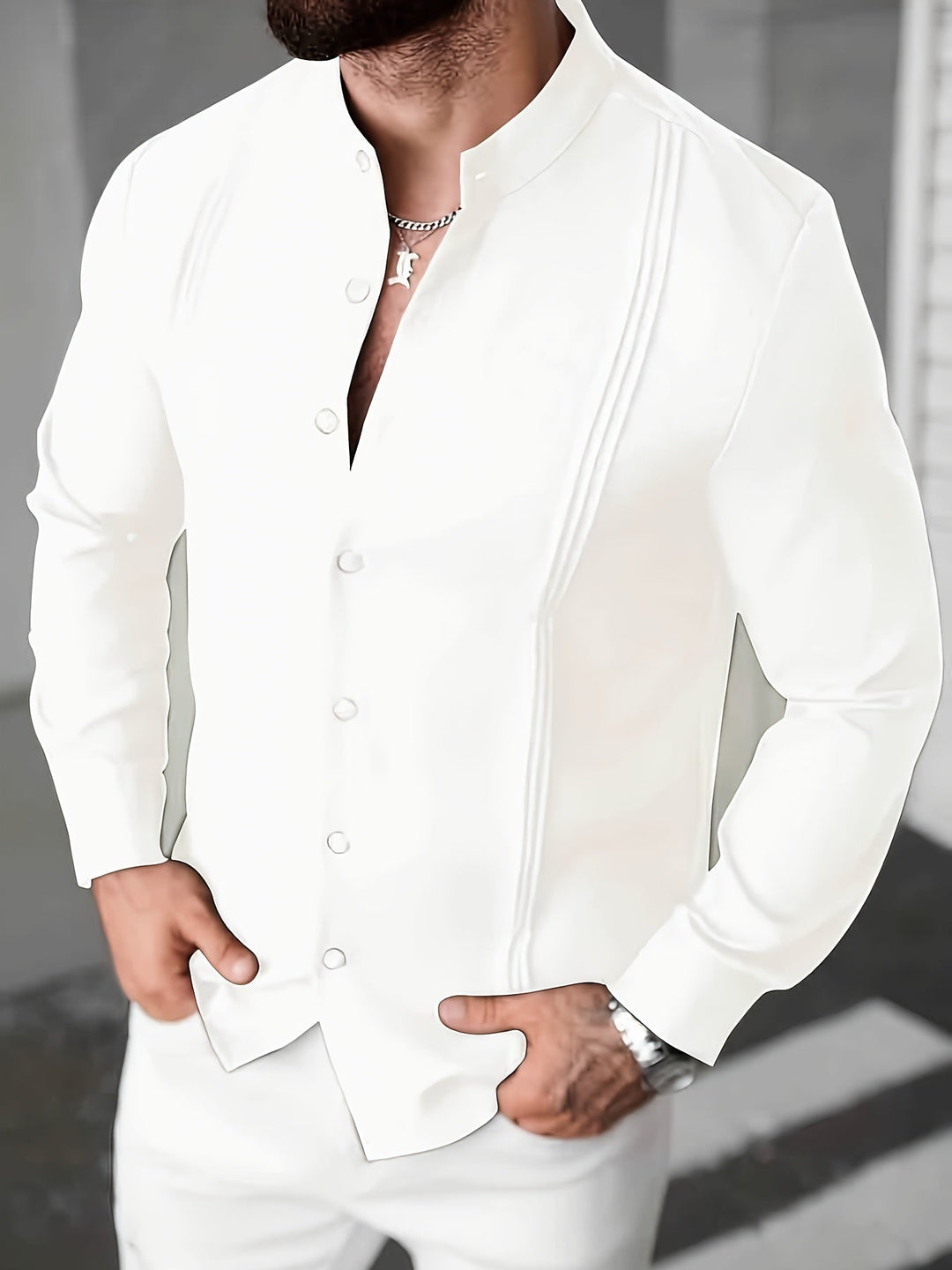 Ragnanor - Stand Collar Long Sleeve Shirt With Button