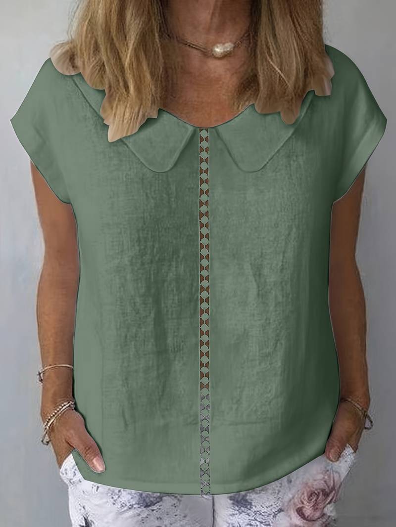 Krischelle - Lapel Lace Splicing Short Sleeve Sweater