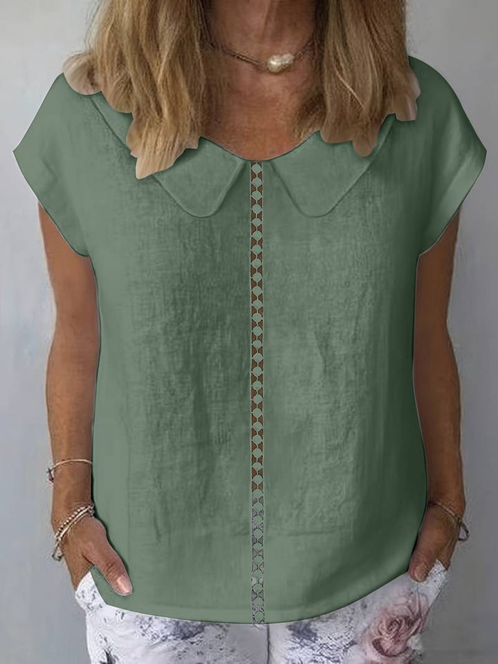 Krischelle - Lapel Lace Splicing Short Sleeve Sweater