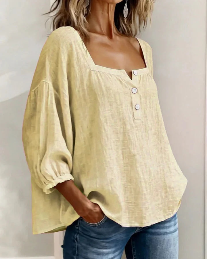Leontien - Square Neck Long Sleeve Cotton Blouse