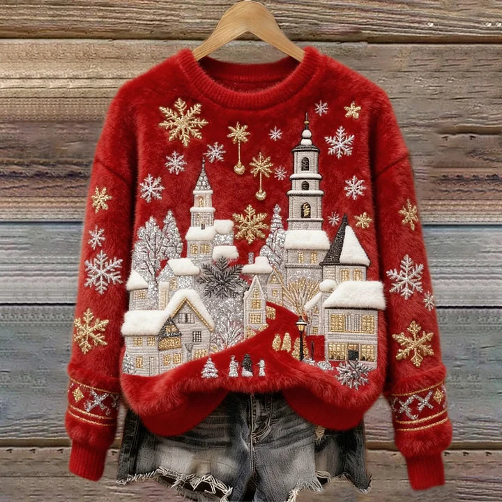 Kenisha - Christmas Snow Scene Embroidery Cozy Sweater