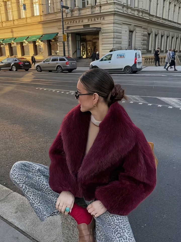 Gisenna - Faux Fur Oversized Cropped Lapel Jacket