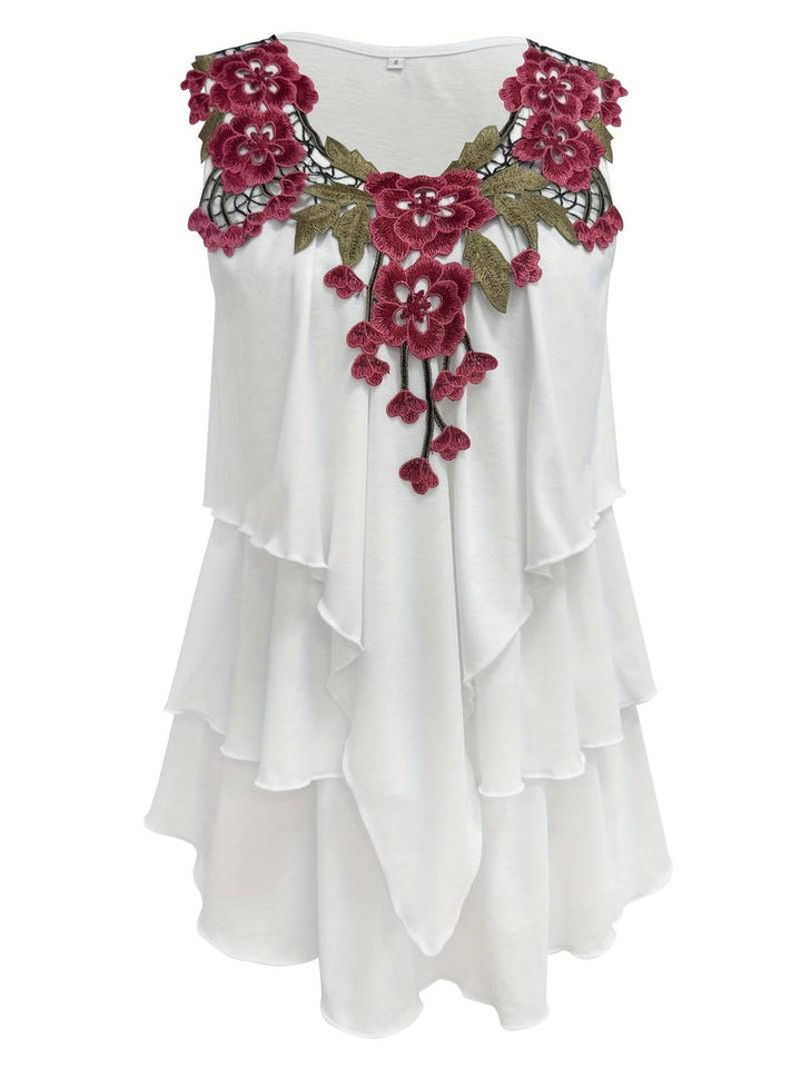 Verunka - Summer V-Neck Soluble Lace Patchwork Ruffled Blouse