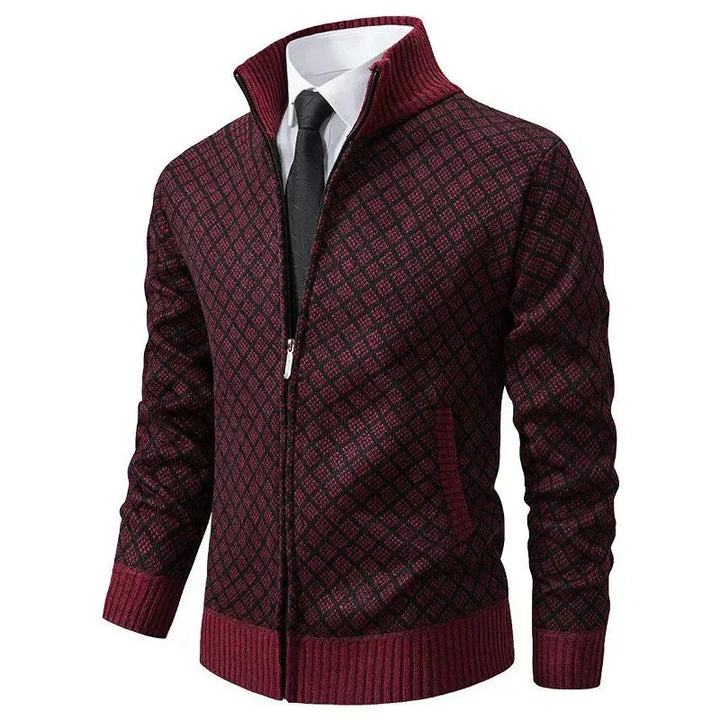 Klarik - Diamond Pattern Full-Zip Knit Cardigan