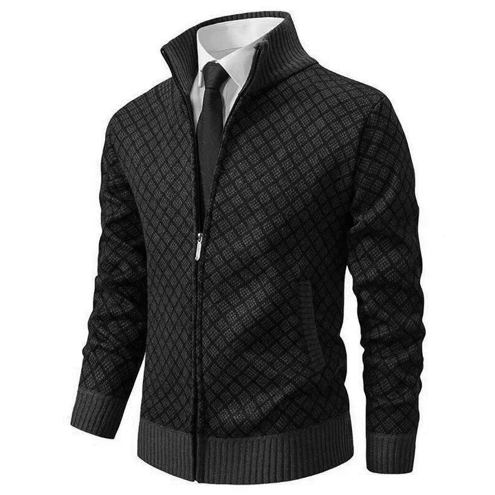 Klarik - Diamond Pattern Full-Zip Knit Cardigan