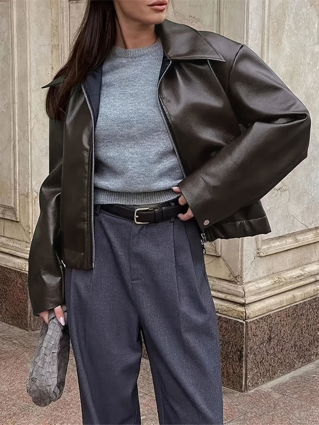 Raimetosa - PU Leather Zip-Up Jacket
