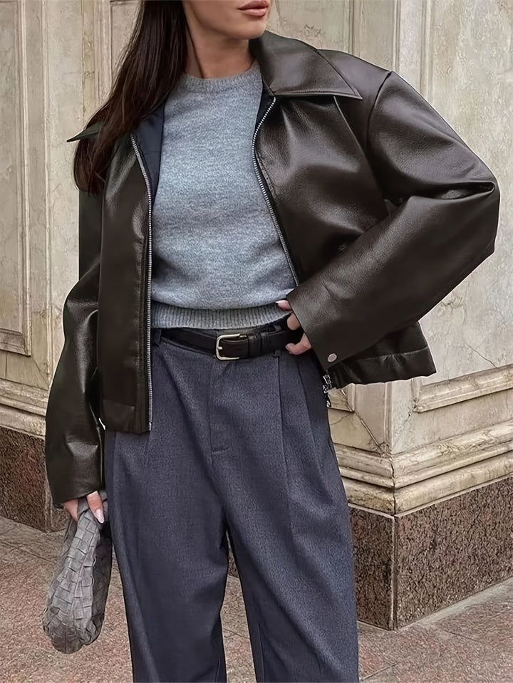 Raimetosa - PU Leather Zip-Up Jacket