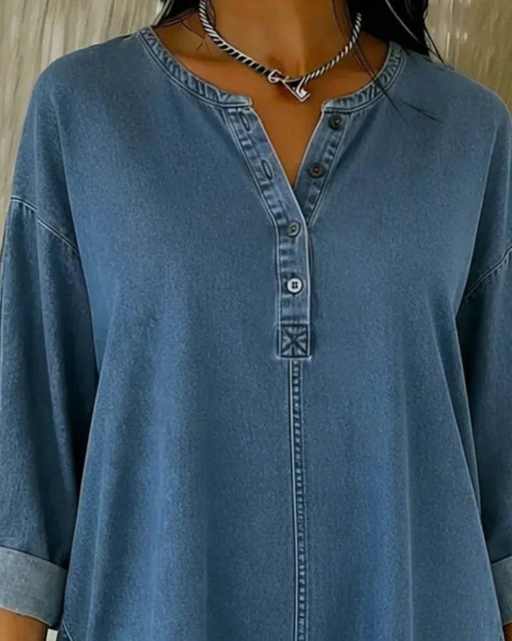 Yenara - Button-Down V-Neck Denim Top