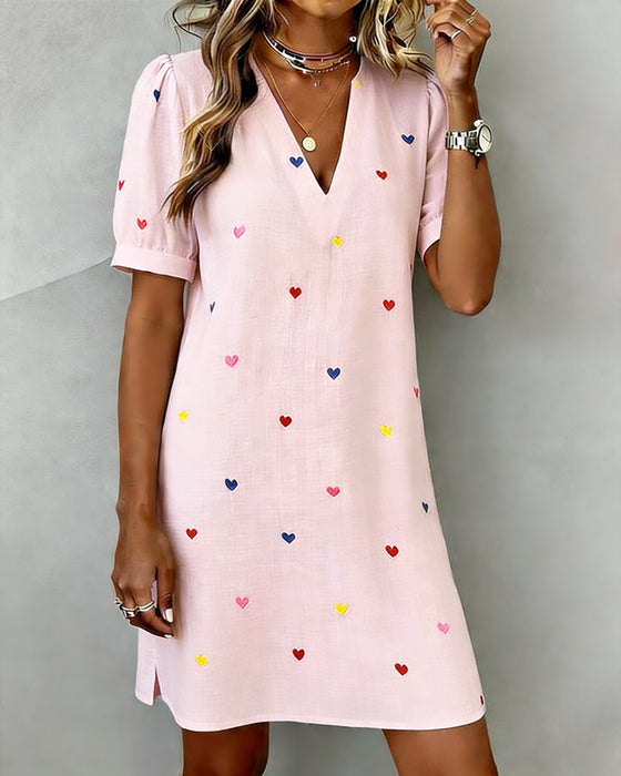 Steinunn - Colorful Dress With Heart Print And V-Neck