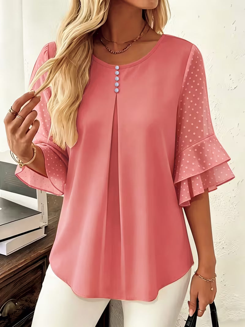 Hurley - Round Neck Blouse With Sheer Ruffle Sleeves
