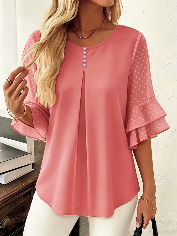Hurley - Round Neck Blouse With Sheer Ruffle Sleeves