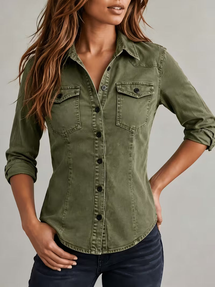 Rihana - Vintage Denim Cinched Collar Top