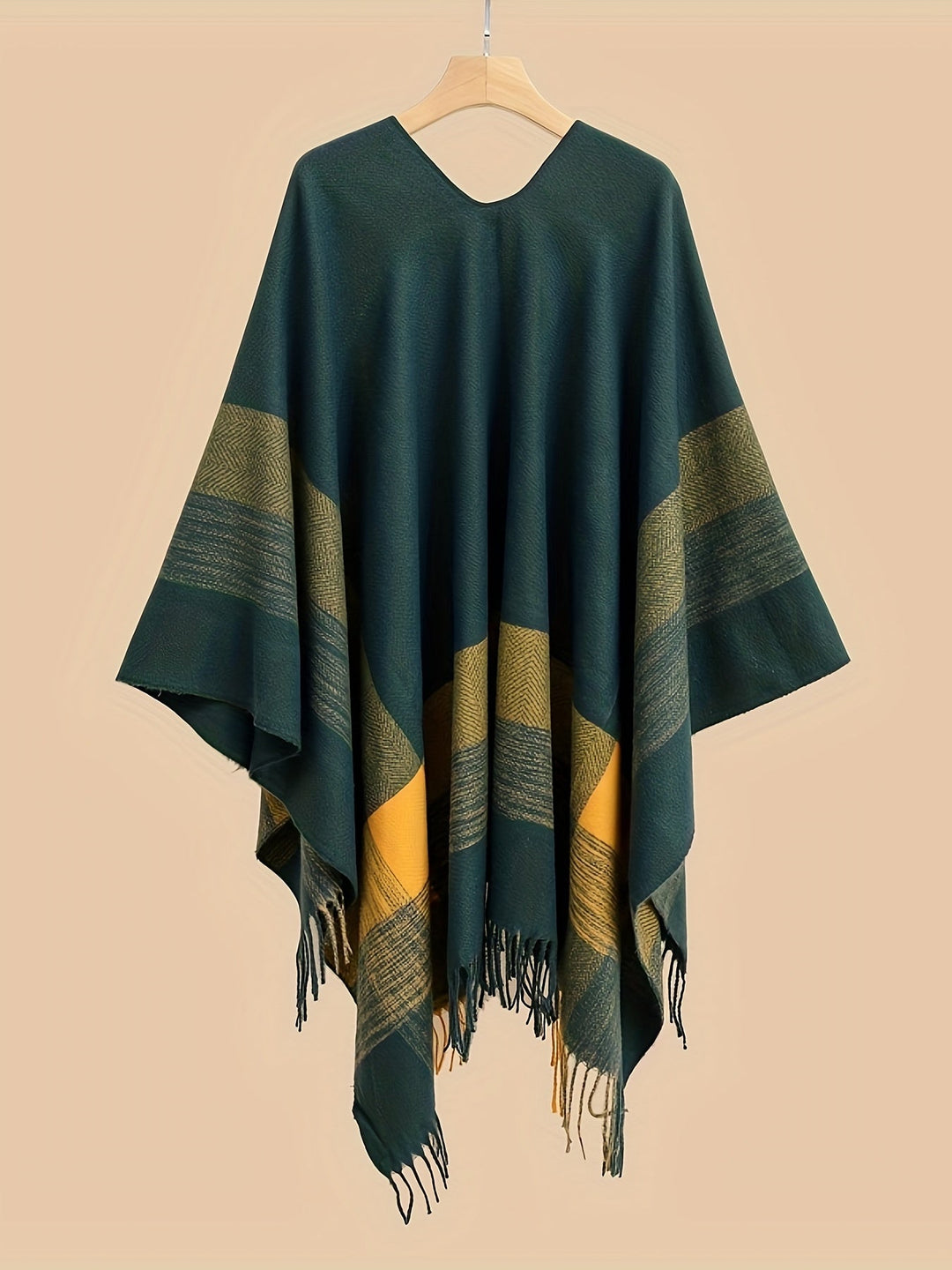 Lirelle - Geometric Pattern Fringed Poncho Shawl Wrap