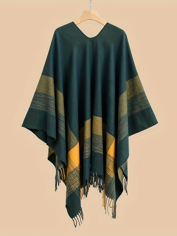 Lirelle - Geometric Pattern Fringed Poncho Shawl Wrap