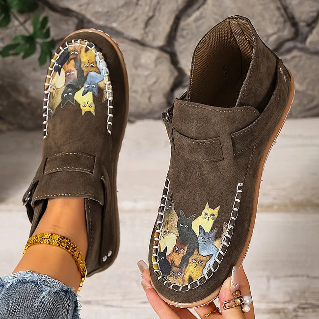 Corelle - Cat Print Flat Ankle Boots with Buckle