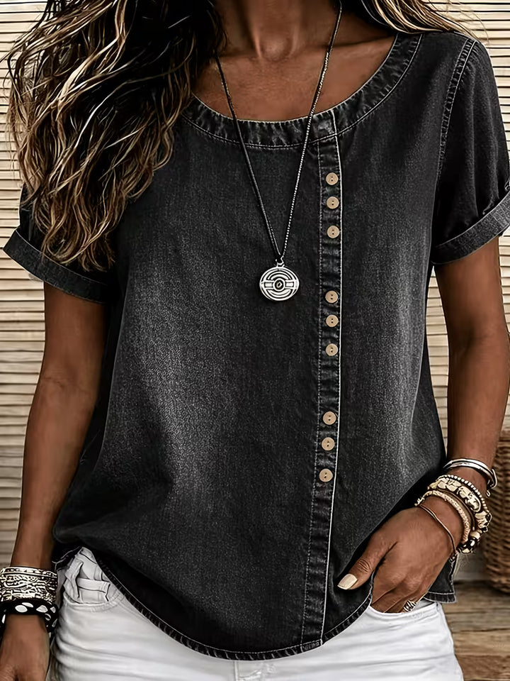 Ferina - Distressed Short Sleeve Denim Top