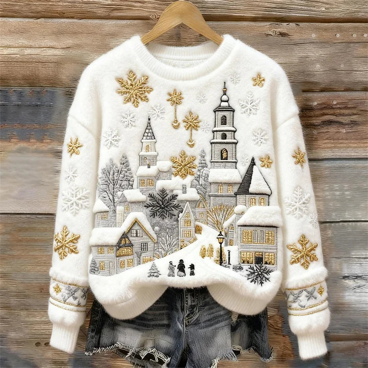 Kenisha - Christmas Snow Scene Embroidery Cozy Sweater