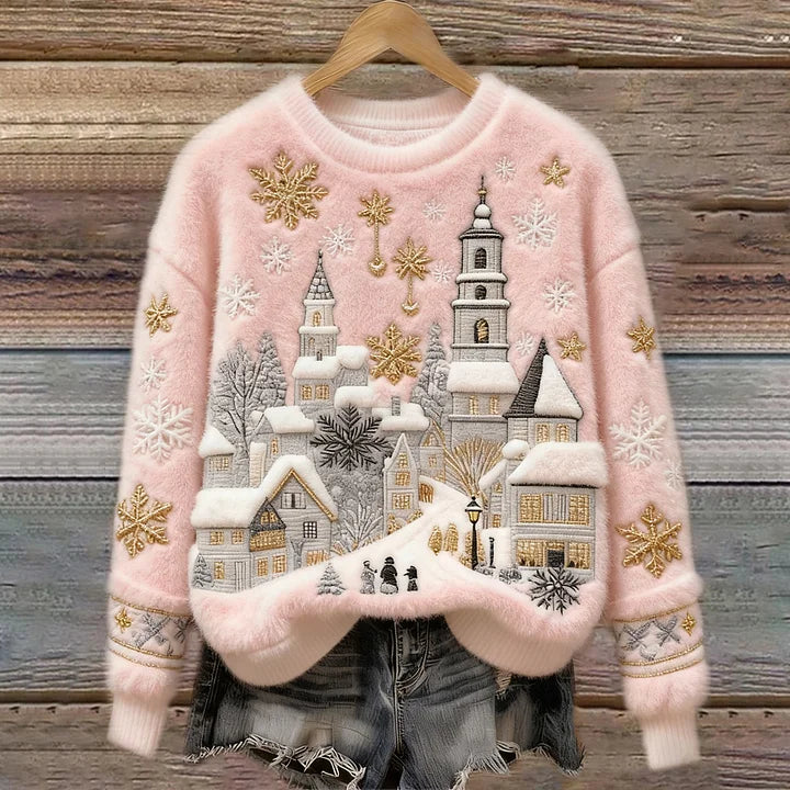 Kenisha - Christmas Snow Scene Embroidery Cozy Sweater