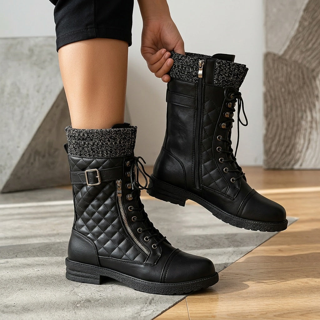 Zuleyuna - Quilted Lace-Up Boots With Knitted Cuffs