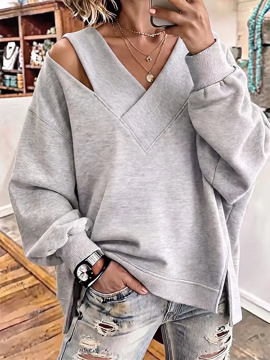 Opheyova - Chic Cutout V-Neck Oversized Sweatshirt