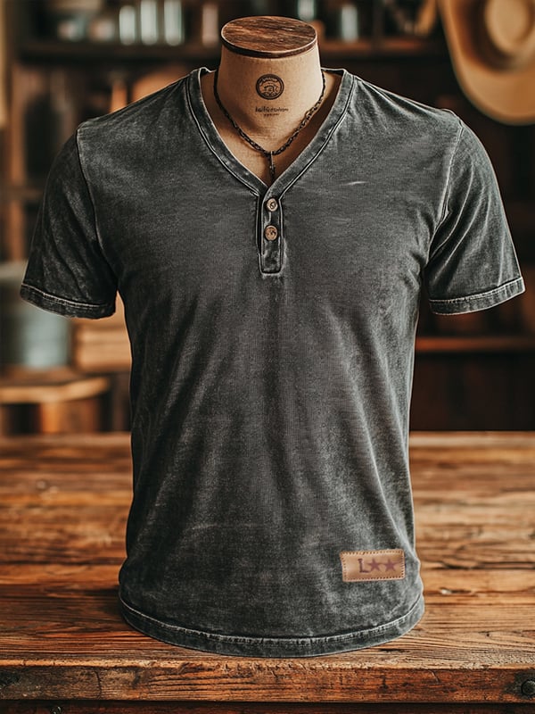 Men's Vintage Style T-Shirt Classic Made From Washed Leather With A V-Neck And Button Placket Short Sleeves