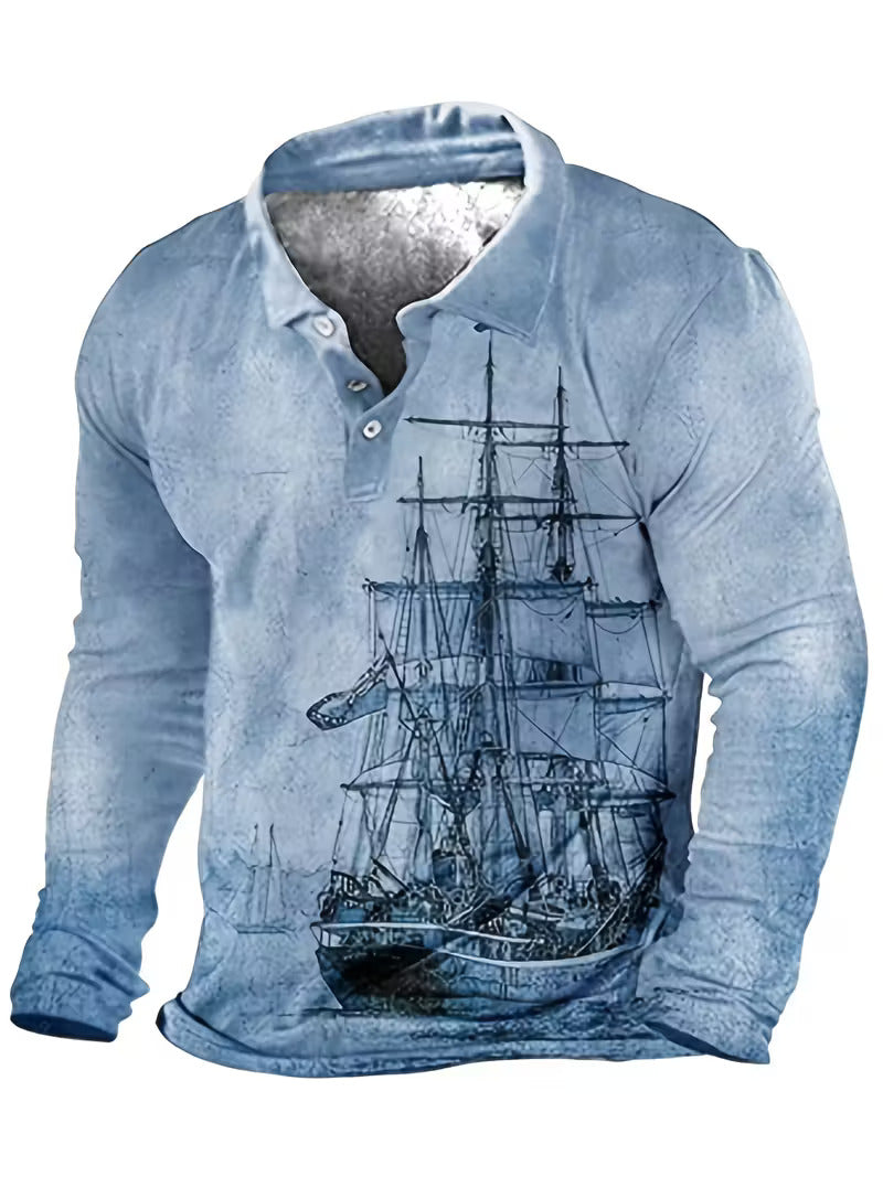 Giles - Stylish 3D Sailboat Print Lapel Shirt