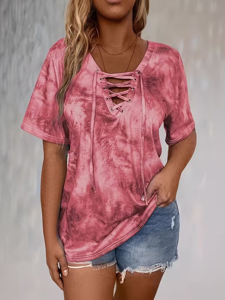 Rihanna - Tie Dye Lace-Up V-Neck T-Shirt
