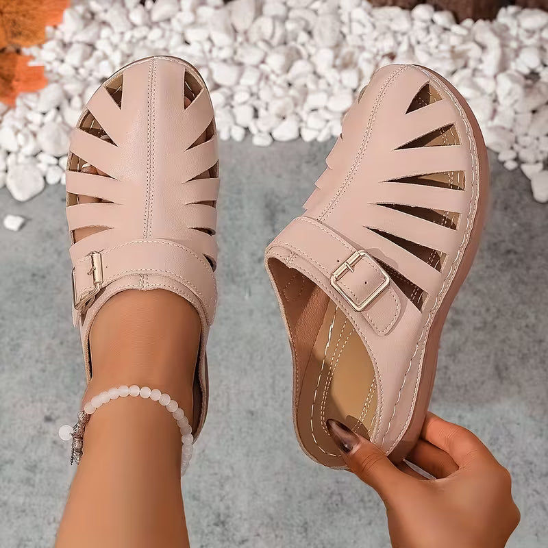 Alvena - Closed Toe Cutout Buckle Flat Sandals