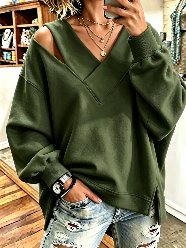 Opheyova - Chic Cutout V-Neck Oversized Sweatshirt