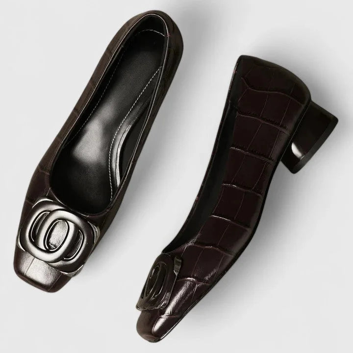 Antia - Elegant Square Toe Buckle Flats with Low Heel