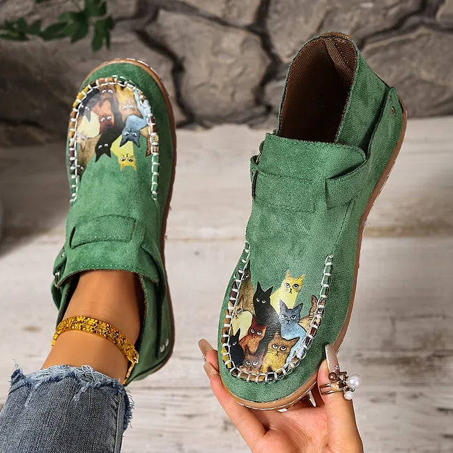 Corelle - Cat Print Flat Ankle Boots with Buckle