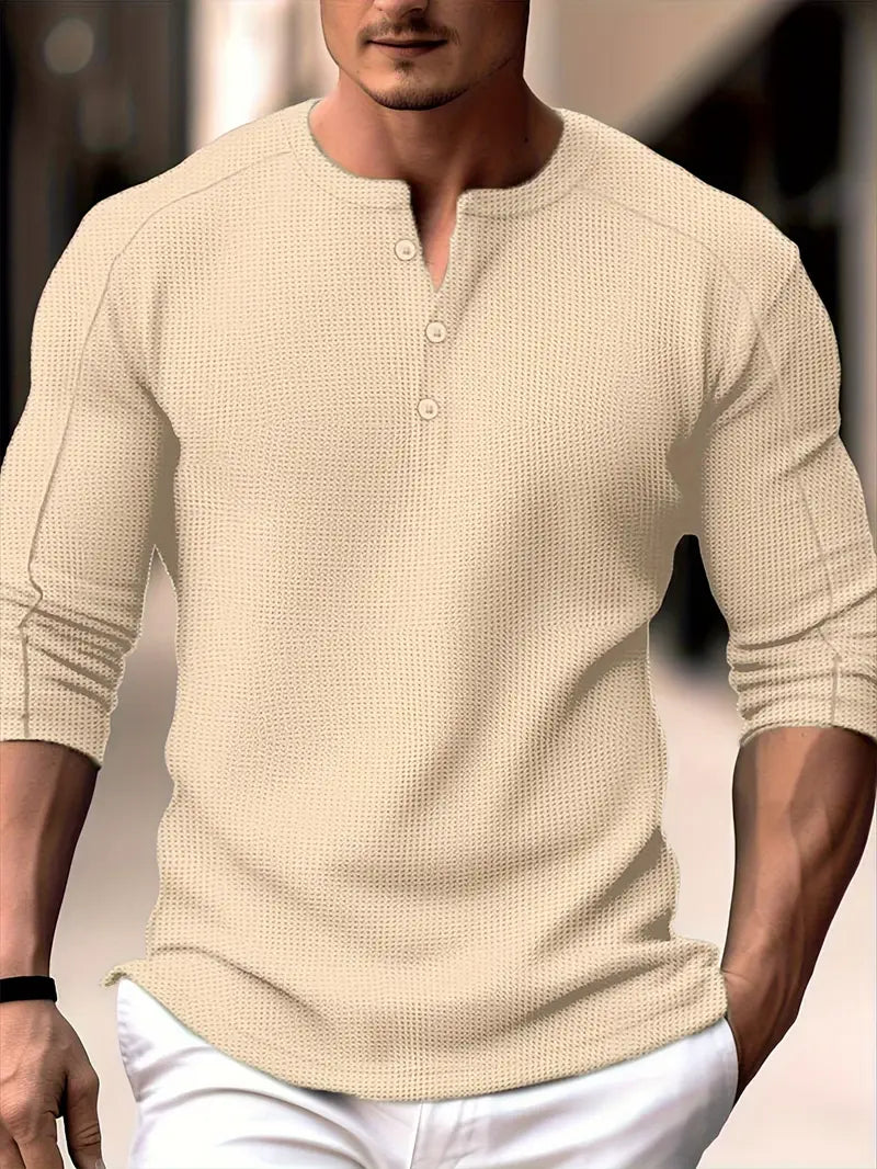 Biden - Waffle Knit Henley Long Sleeve Shirt