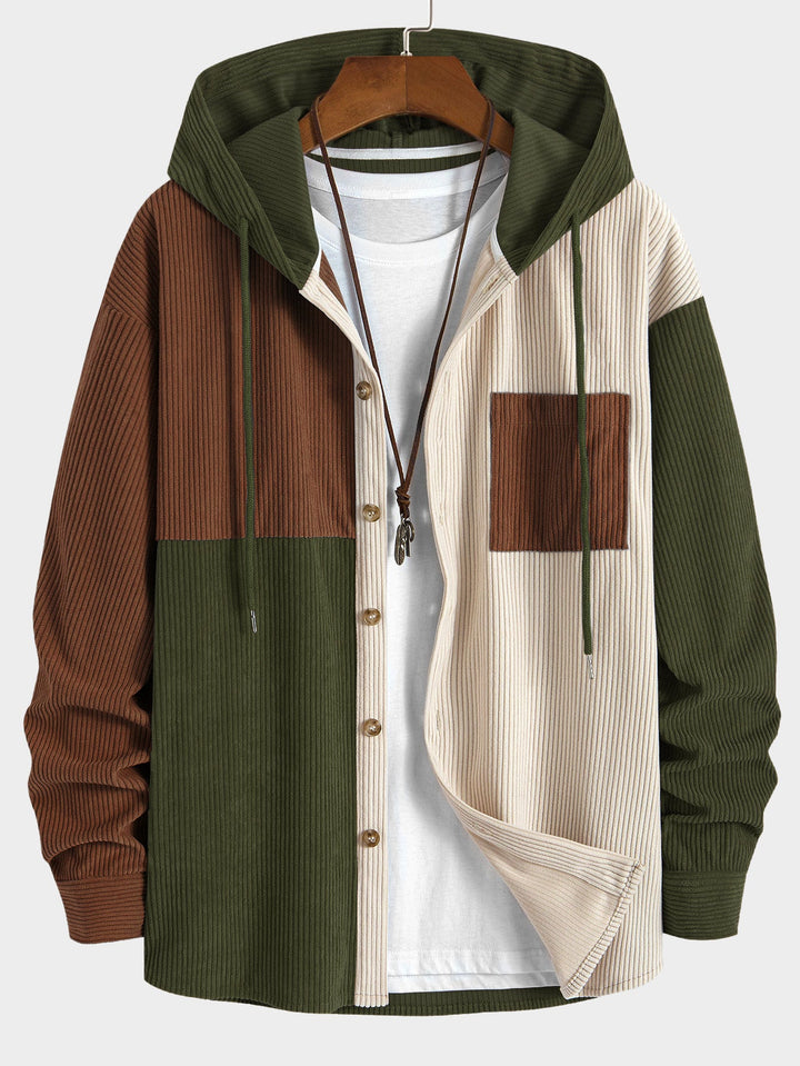 Elonzo - Colorblock Corduroy Hooded Shirt