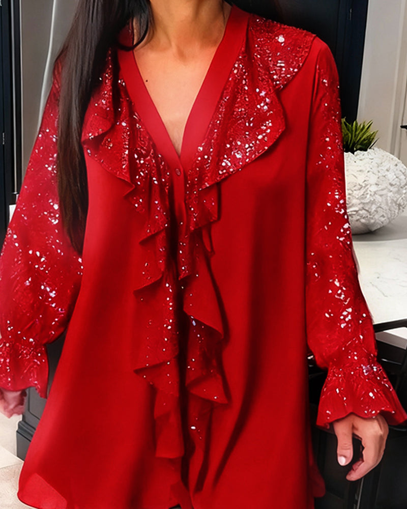 Alexiss - Sparkle Ruffle V-Neck Blouse