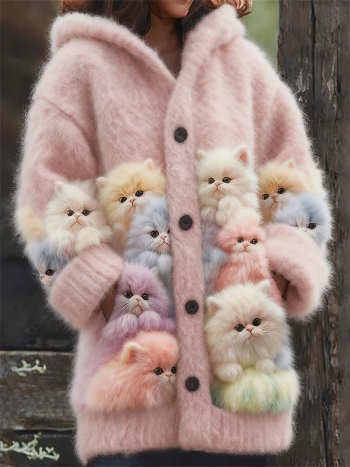 Kelsie - Fluffy Hooded Cardigan with Cats