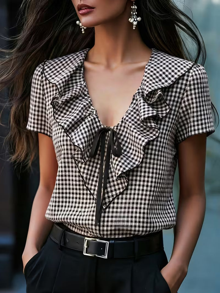 Aliyia - Ruffle Trim Gingham Tie Neck Blouse