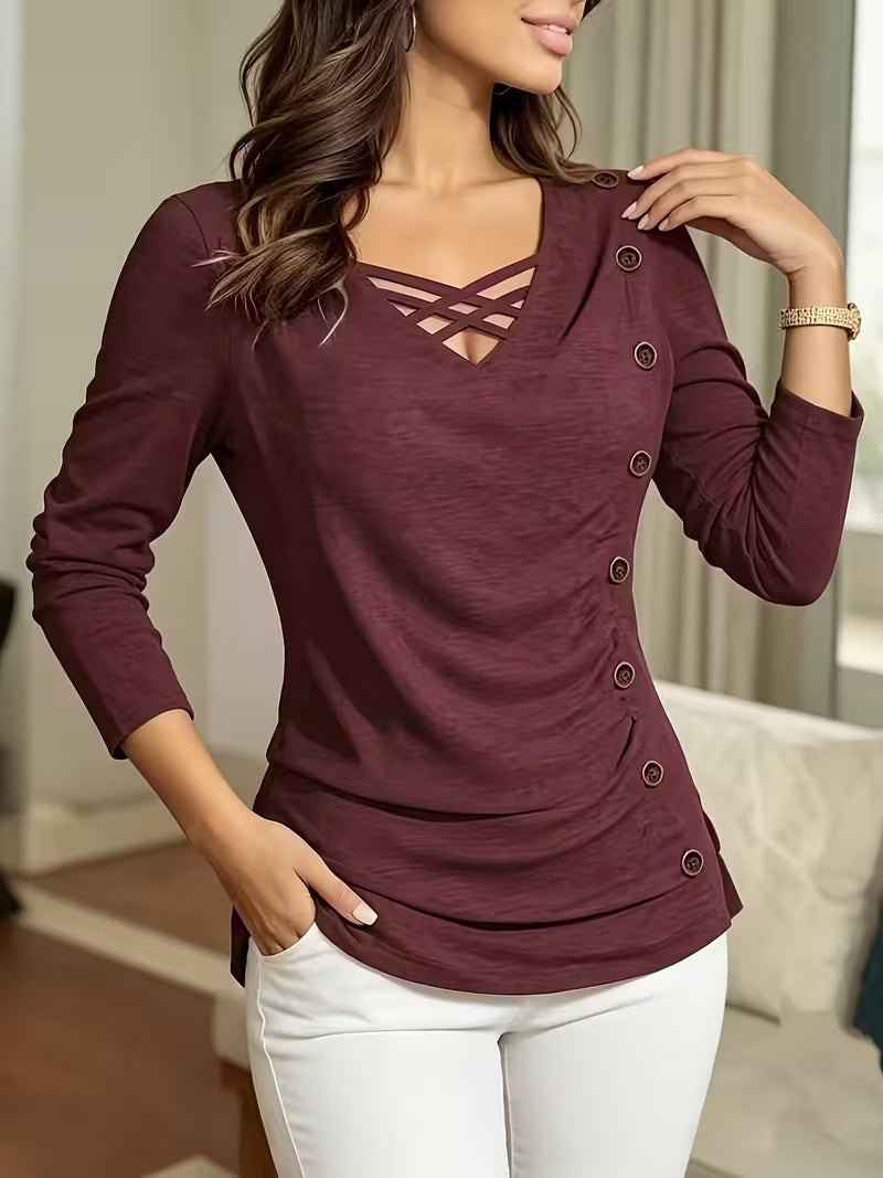 Keziana - V-neck Long Sleeve Button Top