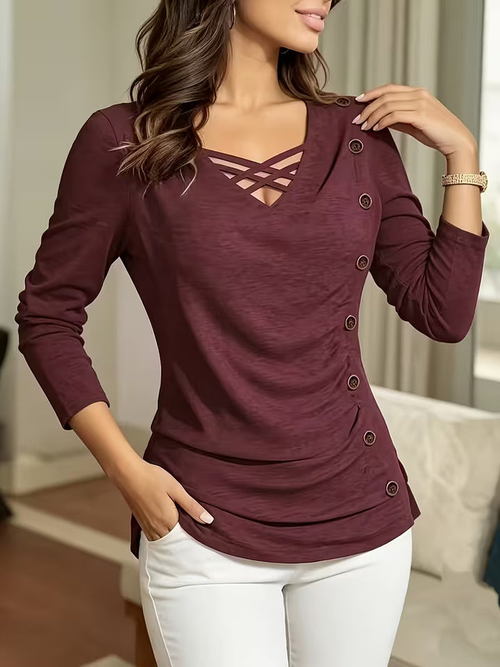 Keziana - V-neck Long Sleeve Button Top
